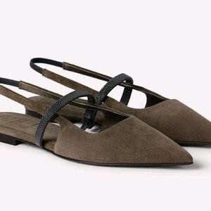 Brunello Cucinelli Taupe Suede Pointed Slingback Flats with Black Elastic Strap